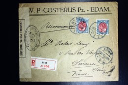 Nederland Aangetekende Enveloppe Edam Naar Suresnes (F) Nr 65 2x  1915 Censuurstrook En Waszegel - Brieven En Documenten