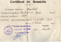 VP5482 - Guerre 39 / 45 -  Police Certificat De Domicile FOL PARIS Rue De Picpus - Police & Gendarmerie