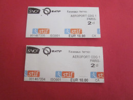 2 TICKET PARIS AEROPORT CHARLES DE GAULLE METRO BUS CHEMIN DE FER RATP TITRE TRANSPORT BILLET,TICKET,Biglietto,BILLETE - Europa