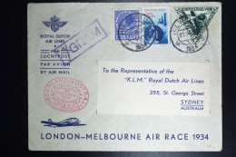 Netherlands: Mac Robertson Air Race Met De UIVER PH.AJU Hilversum Amsterdam London Sydney  Vlieg Hol 98  1934 - Lettres & Documents