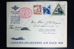 Netherlands: Mac Robertson Air Race UIVER PH.AJU Haarlem Vlagstemp London Sydney  Vlieg Hol 98  1934  Snelvlucht Stempel - Brieven En Documenten