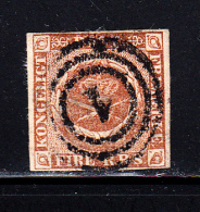 Denmark Used Scott #2b 4rs Royal Emblems, Yellow Brown  Cancel: 3-ring '1' - Oblitérés