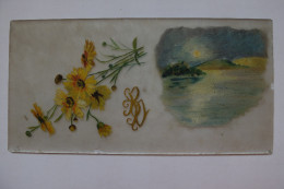 PEINTURE SUR VERRE - PAYSAGE ET FLEUR - INITIALES CALLIGRAPHIEES - FORMAT : 16 X 8 Cm - FAIT MAIN - Otros & Sin Clasificación