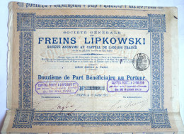 ACTION SOCIETE GENERALE FREINS LIPKOWSKI   - 1913 TITRE 1309 - Automovilismo