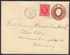 Great Britain Birmingham 1936 / Edward VIII / Postal Stationery Three Halfpence / Sent To Germany - Lettres & Documents