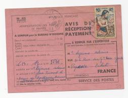 AVIS DE RECEPTION DE PAPEETE POLYNESIE  1959 OCEANIE    LETTRE COVER - Storia Postale