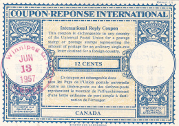 #BV3752   COUPON RESPONSE INTERNATIONAL,  INTERNATIONAL REPLY COUPONS, 12 CENTS, 1957, CANADA. - Cupones Respuesta