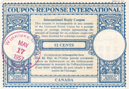 #BV3752  COUPON RESPONSE INTERNATIONAL,  INTERNATIONAL REPLY COUPONS, 12 CENTS, 1957, CANADA. - Cupones Respuesta