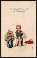 6993 - Alte Litho Glückwunschkarte - Namenstag - Kind Auto - TM - Naissance