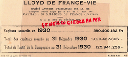 75 - PARIS - BUVARD LLOYD DE FRANCE VIE- ASSURANCES 1930- 19-21 RUE DU GENERAL FOY - Bank En Verzekering