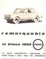 PUB " SIMCA 1000 " " EUROPARC " 1962 - Publicitaires - Toutes Marques