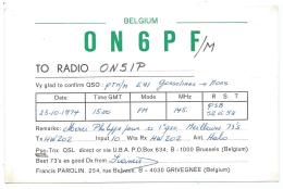 CARTE QSL BELGIQUE ON6PF, RADIO AMATEUR, GRIVEGNEE, PROVINCE DE LIEGE, BELGIUM - Amateurfunk