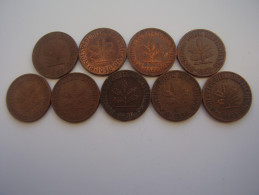 GERMANY 1950 ONE PRENNIG NINE USED COINS Copper Plated Steel Various Mintmarks.(Ref:HG21) - 1 Pfennig