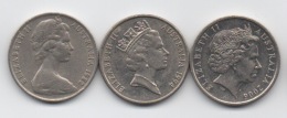 Australie : 10 Cents 1982-1994-2006 : 3 Générations De Portrait De La Reine QEII - 5 Cents