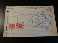 Timbres Fiscaux Sur Facture . Compagnie Nationale D'éclairage-Gaz Et électricité (CHIMAY).1938- - Documents