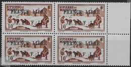 1938 - 1939 Saint Pierre Et Miquelon N° 250 Nf** . Bloc De 4 Bord De Feuille . Attelage Surchargé France Libre . - Unused Stamps