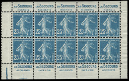 Neuf Sans Charnière N° 140f, 25c Bleu Semeuse Type II, Bloc De 10ex (moitié Droite... - Autres & Non Classés