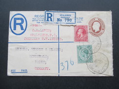 Jamaica GB Kolonie 1929 Ganzsache Mit Zusatzfrankatur Registered Letter Spaldings No 790. Über London Nach Schönwald - Jamaïque (...-1961)