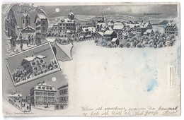 Gruss Von GRÜNINGEN: Winter-Mondschein-Litho Mit 4 Bildern, Notariatskanzlei 1910 - Grüningen