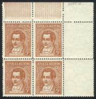 GJ.795EV, 5c. Moreno, Block Of 4 With White Labels At Right From The Gutter, With Sheet Margin At Top, Mint Never... - Sonstige & Ohne Zuordnung
