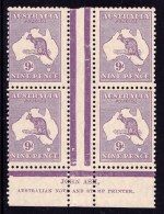Australia 1929 Kangaroo 9d Violet Small Multi. Wmk Ash Imprint Block Of 4 MNH - Neufs