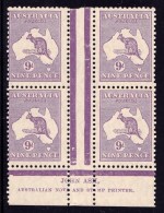 Australia 1929 Kangaroo 9d Violet Small Multi. Wmk Ash Imprint Block Of 4 MNH - Mint Stamps