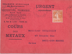 FRANCE - CARTE COURS DES METAUX 1928 PLOMB OUVRE SEMEUSE 25C BRUN - Briefe U. Dokumente