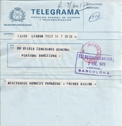 Telegram Lisbon / Barcelona, Consul - General Of Portugal In Barcelona 1973. Telecommunications Of Barcelona. - Covers & Documents