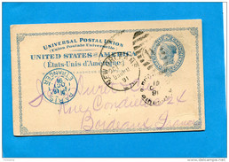 Marcophilie-Carte "Southern Pacific" Ent Postal US 2 Cents Bleu-cad New Orleans1891 >Françe Bordeaux Via Paris Etranger - ...-1900
