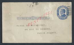 US POSTAL CARD ENTIER POSTAL EFFIGIE MAC KINLEY ONE CENT NEW YORK 1912 POUR PARIS : - Other & Unclassified