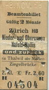 Schweiz - Beamtenbillet - Zürich HB Nieder- Und Oberurnen Näfels-Mollis Und Zurück - Fahrkarte 2. Kl. 1958 - Europa