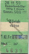 Schweiz - Beamtenbillet - Basel SBB Zürich Via Frick - Fahrkarte 1. Kl. 1959 - Europa
