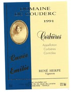 étiquette Vin Domaine De Couderc " Cuvée Emilie" Corbières 1991  René Herpe Vigneron - Vin De Pays D'Oc