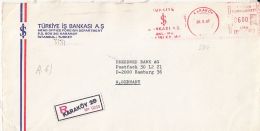 AMOUNT 600, KARAKOY, TURKIYE IS BANKASI, RED MACHINE STAMPS ON REGISTERED COVER, 1987, TURKEY - Covers & Documents