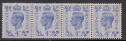 Strip Of 4, 1950 MNH 4d Ultramarine KGVI Series Great Britain - Unused Stamps
