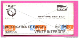 Ticket De Train / Métro - RATP / SNCF (Autorisation De Passage) Paris Train Ticket Transportation - Europa