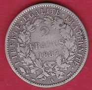 France 2 Francs Argent Cérès 1887 A - Other & Unclassified