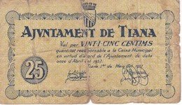 BILLETE DE 25 CTS DEL AJUNTAMENT DE TIANA DEL AÑO 1937  (BANKNOTE) - Otros & Sin Clasificación