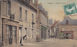 37 REUGNY. CPA TOILEE COULEUR RARE. PLACE D'ARMES. ANNÉE 1908. ANIMATION DEVANT LE CAFÉ TABAC. ATTELAGE AU CAFÉ DU MIDI - Reugny