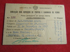 Mozambique - Moçambique - Dir. Dos Ser. De P. E Caminhos De Ferro - Passe Permanente Em Serviço Interno 1ª Classe 1952 - Mundo