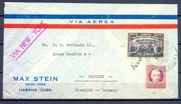 CUBA , LA HABANA - HAMBURGO , CORREO AÉREO VIA NUEVA YORK , YV. 177 , 254 , CENTENARIO DEL FERROCARRIL EN LA ISLA - Lettres & Documents