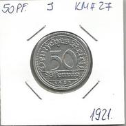 D8 Germany 50 Pfennig 1921. J  KM#27 - 50 Rentenpfennig & 50 Reichspfennig