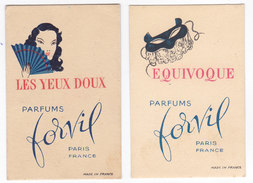 2 Petites Cartes PARFUMS FORVIL  Equivoque - Les Yeux Doux - Antiquariat (bis 1960)