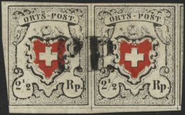 SCHWEIZ BUNDESPOST 5Ia Paar O, 1850, 21/2 Rp. Grauschwarz/dunkelorangerot Ortspost, Mit Kreuzeinfassung, Type 33 Und 34 - 1843-1852 Kantonalmarken Und Bundesmarken