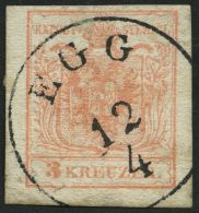 STERREICH 3Y O, 1854, 3 Kr. Rot, Maschinenpapier, Type IIIa, Venetien K1 EGG, Pracht - Sonstige & Ohne Zuordnung