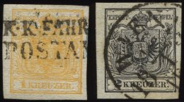 STERREICH 1,2X O, 1850, 1 Kr. Gelb Und 2 Kr. Schwarz, Handpapier, 2 Prachtwerte, Mi. 210.- - Gebraucht