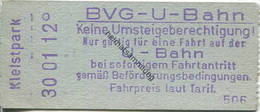 Deutschland - Berlin - BVG U-Bahn - U-Bahn Fahrschein - Turmstrasse - Rückseitig Zudruck BVG-Adresse Und Fahrpreis - Europa