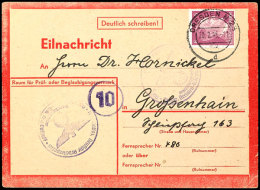 6 Pfg. Hitler Mit Stempel DRESDEN 20.2.45 Als Unnötige Frankatur Auf Roter Eilnachrichtenkarte Mit... - Other & Unclassified