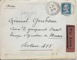PASTEUR - 1926 - 50c SEUL Sur ENVELOPPE FM Par AVION De PARIS => SECTEUR MILITAIRE 415 Au MAROC - 1922-26 Pasteur