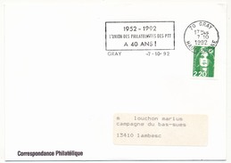 FRANCE - Env. Affr 2,20 Briat - OMEC "L'Union Des Philatélistes Des PTT A 40 Ans" GRAY (Hte Saône) 1992 - Sonstige & Ohne Zuordnung